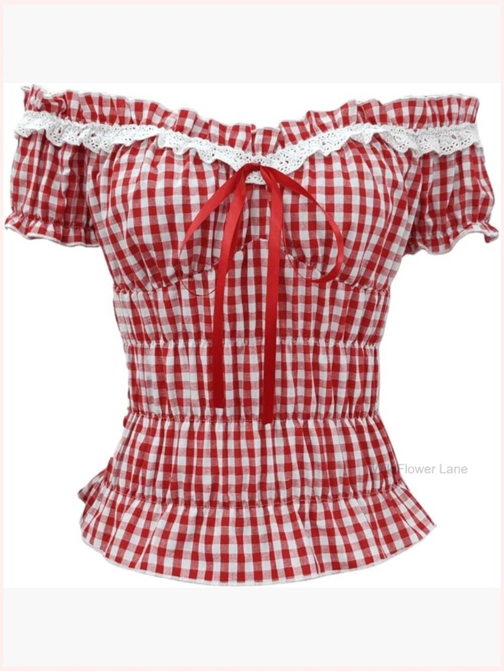 Off Shoulder Gingham Peplum Top Ruffle Trim Crop Blouse